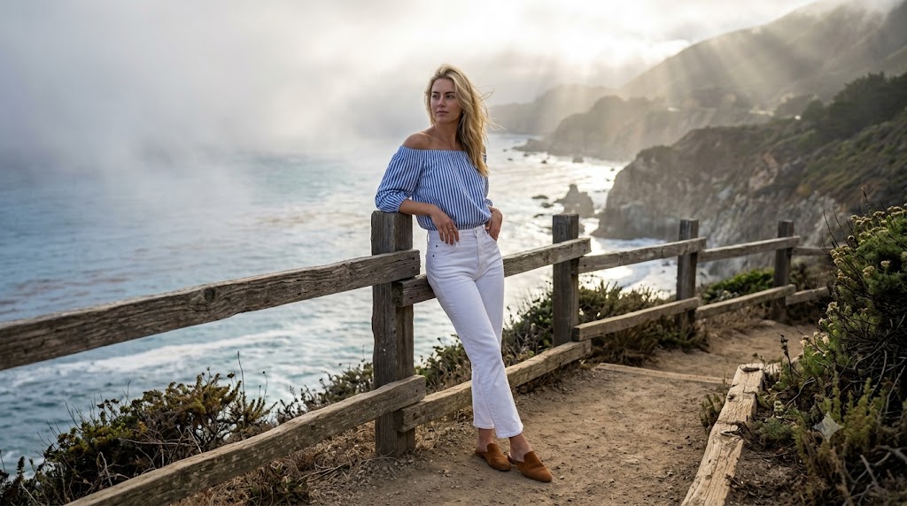 Striped Off-the-Shoulder Top & White Straight Denim